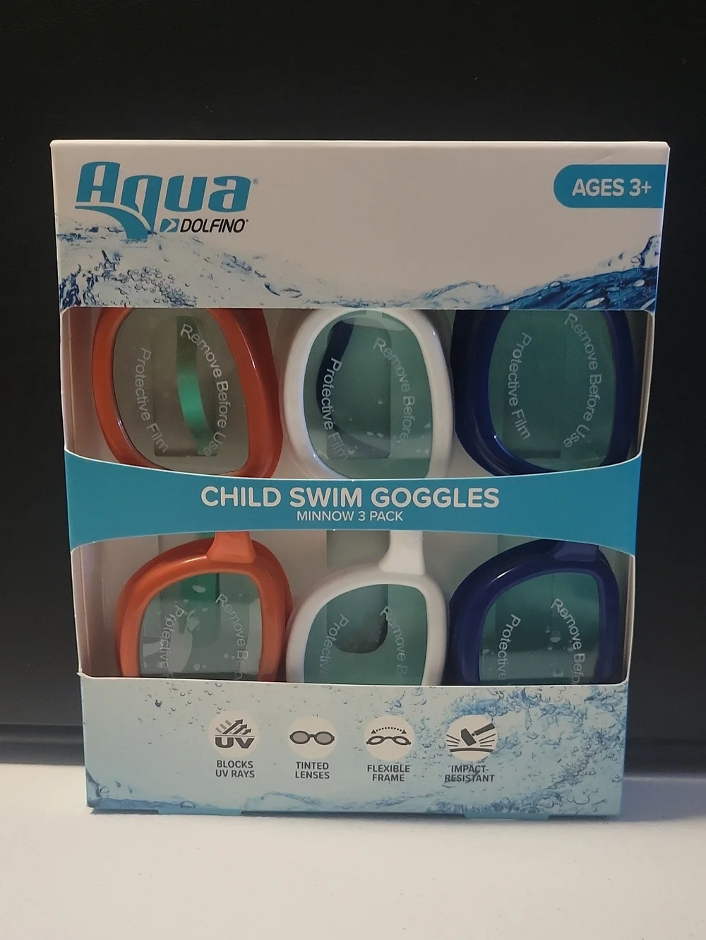 Kids Swim Goggles 3-Pack - Orange, White, Navy. G